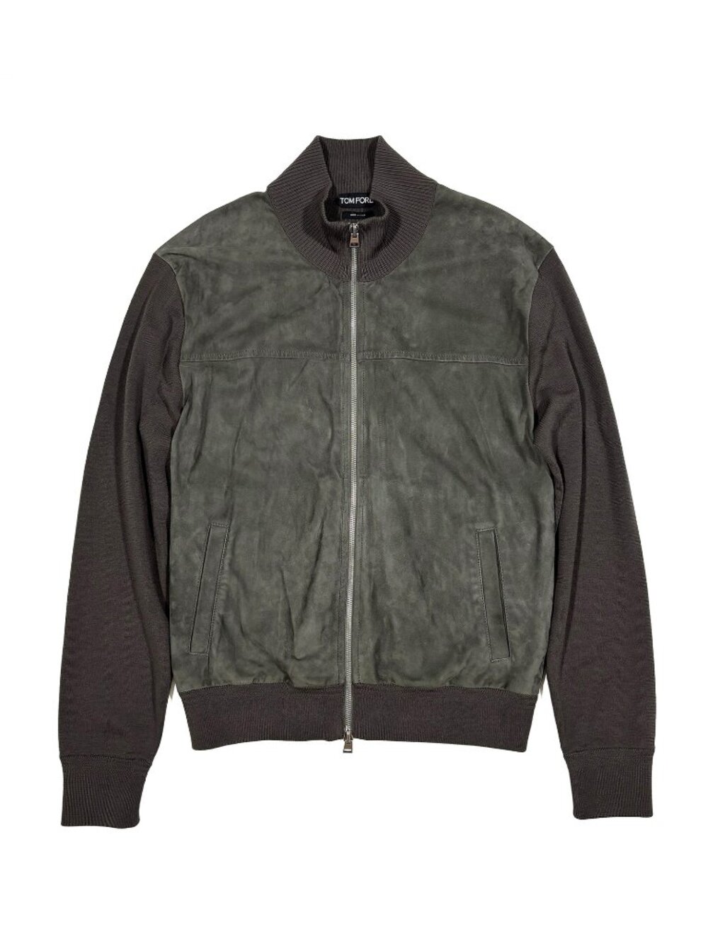 TOM FORD Lambskin Suede Panel Zip-Up Knit Jacket Khaki Size 52